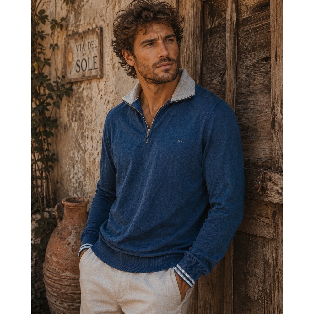 Michael Kors Sweater Mens Large Blue Quarter Zip Pullover Cotton Designer Knit‎
